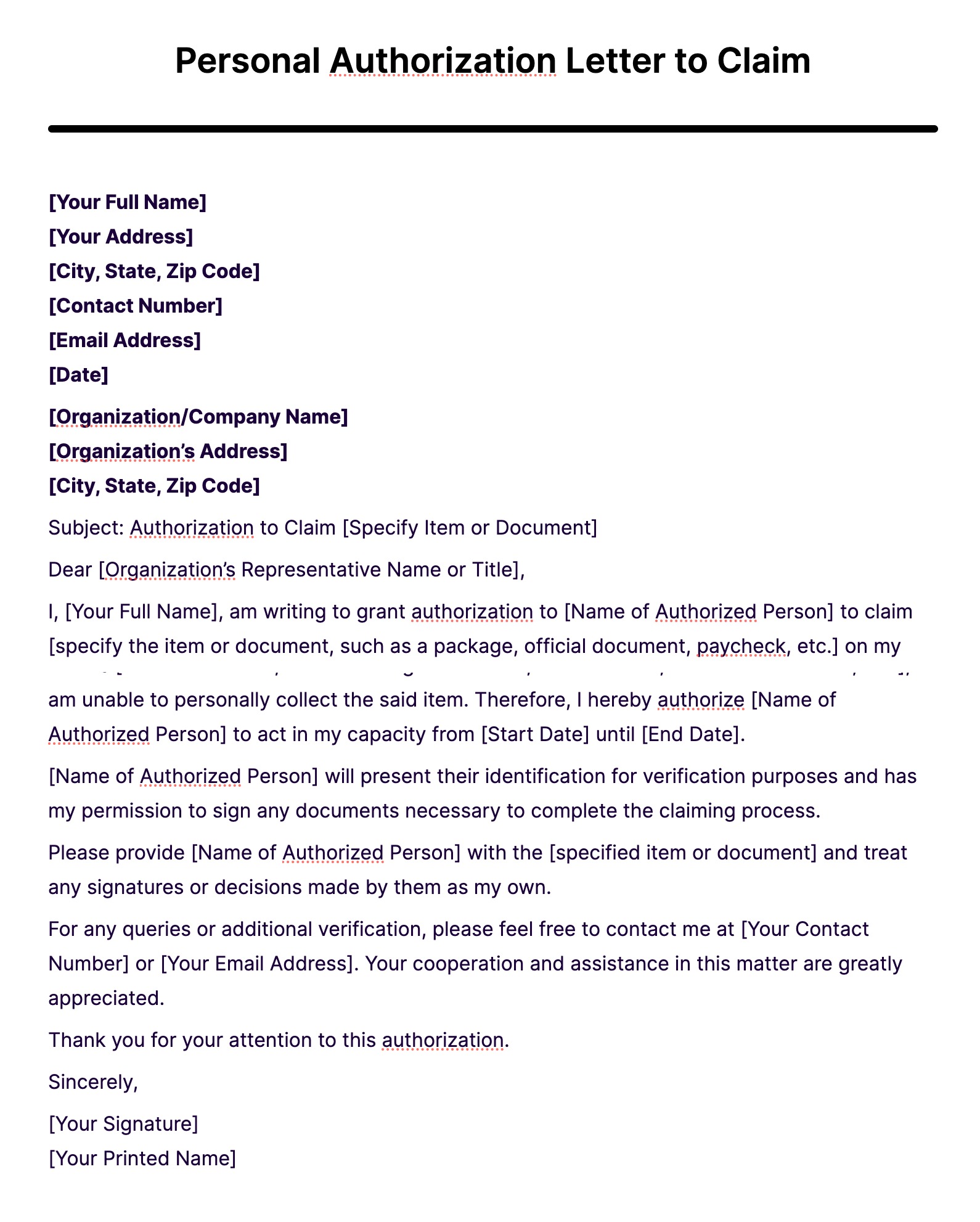 Personal Authorization Letter to Claim