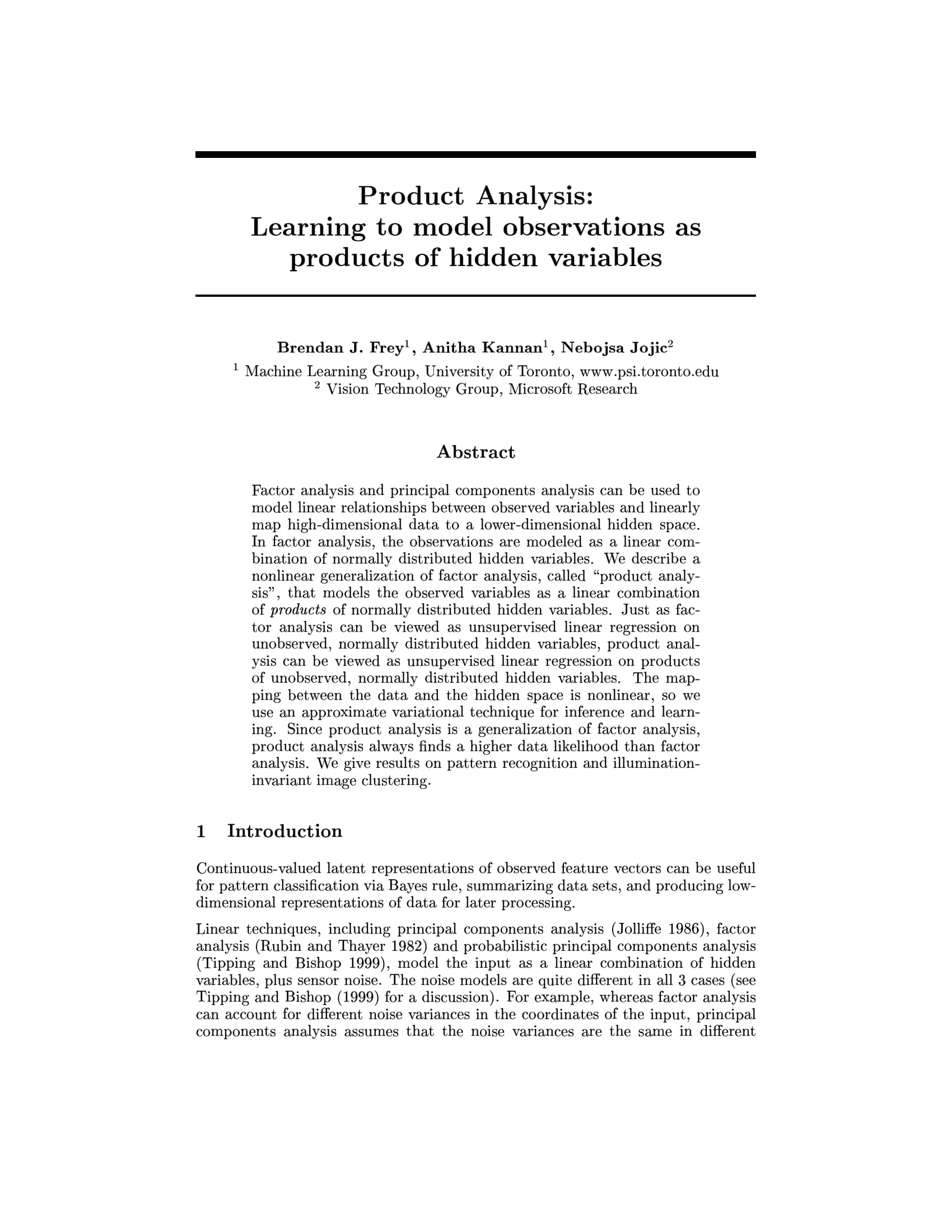 product analysis learning to model observations as products of hidden variables example 1