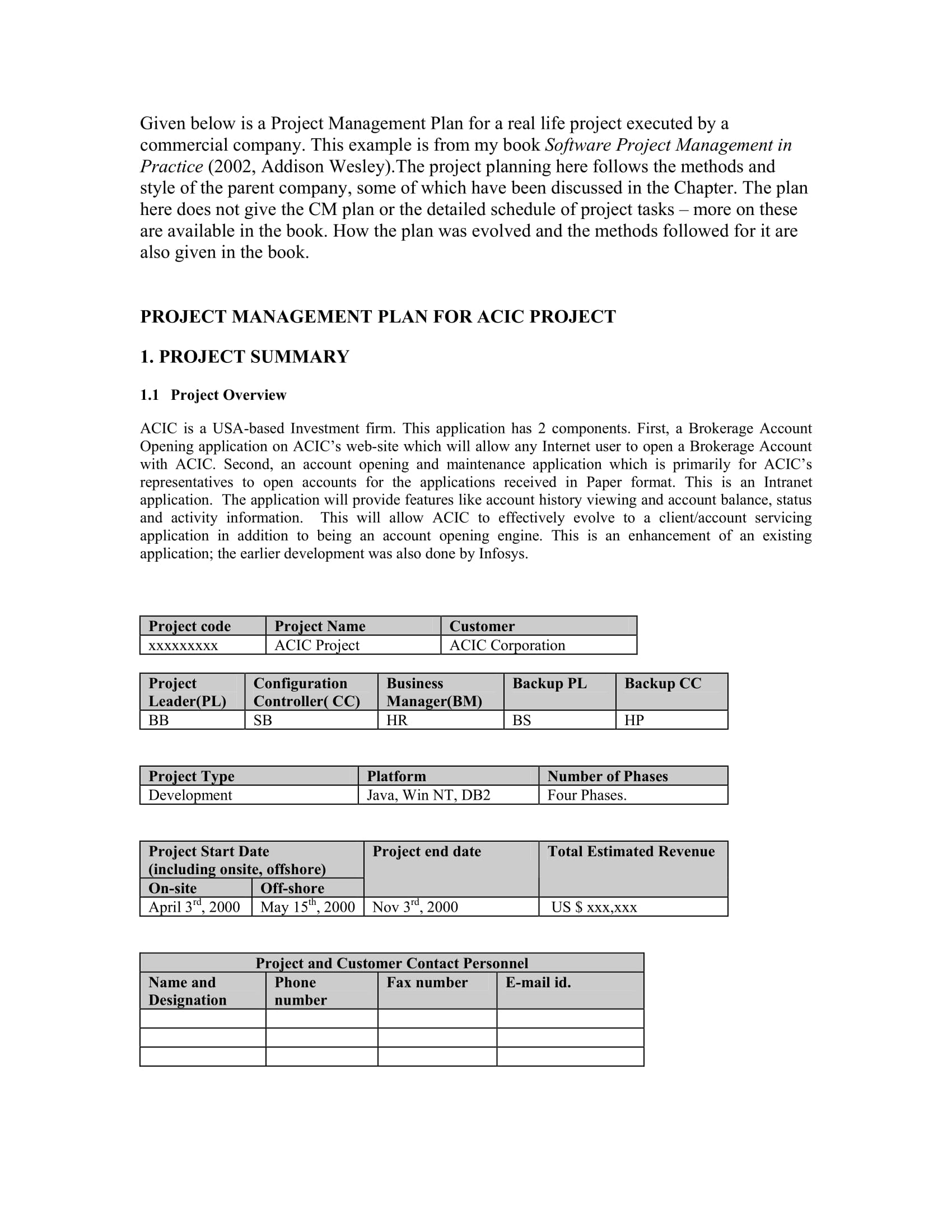 Project Management Plan Format Example 01