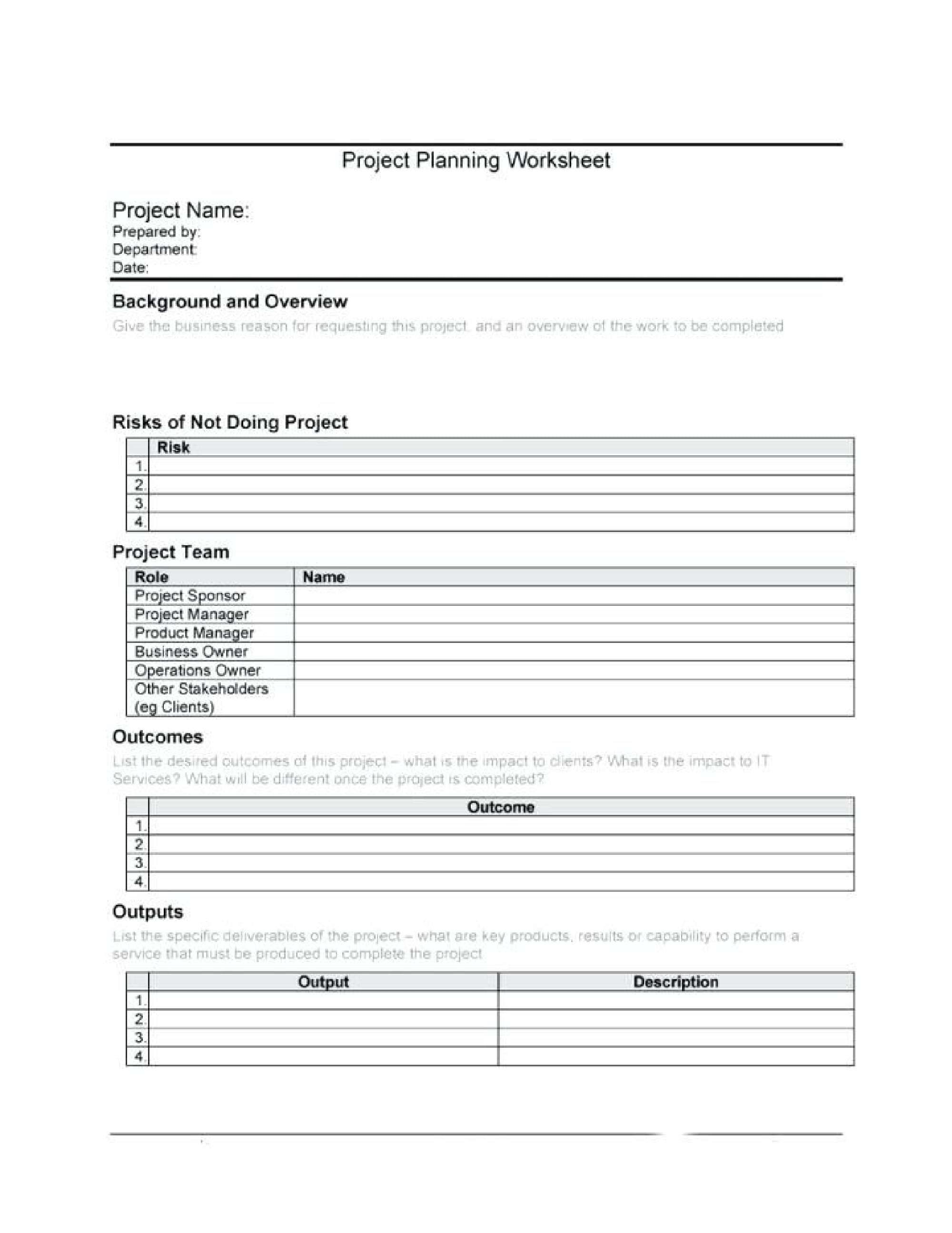 project planning worksheet example