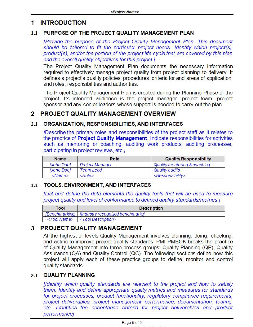 project quality management plan template example