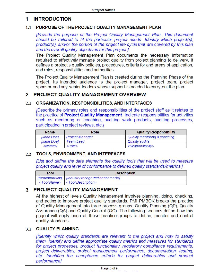 Project Quality Management Plan Template Example