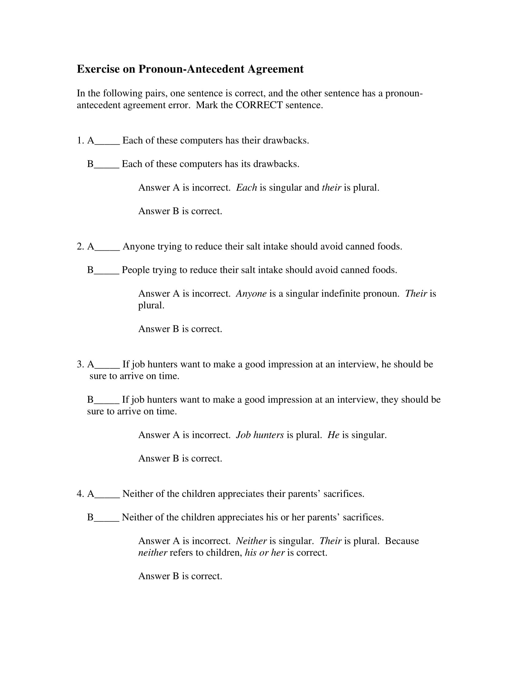pronoun antecedent agreement exercise sheet example1