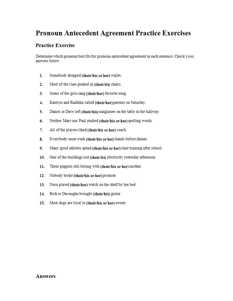 pronoun antecedent agreement practice exercises example