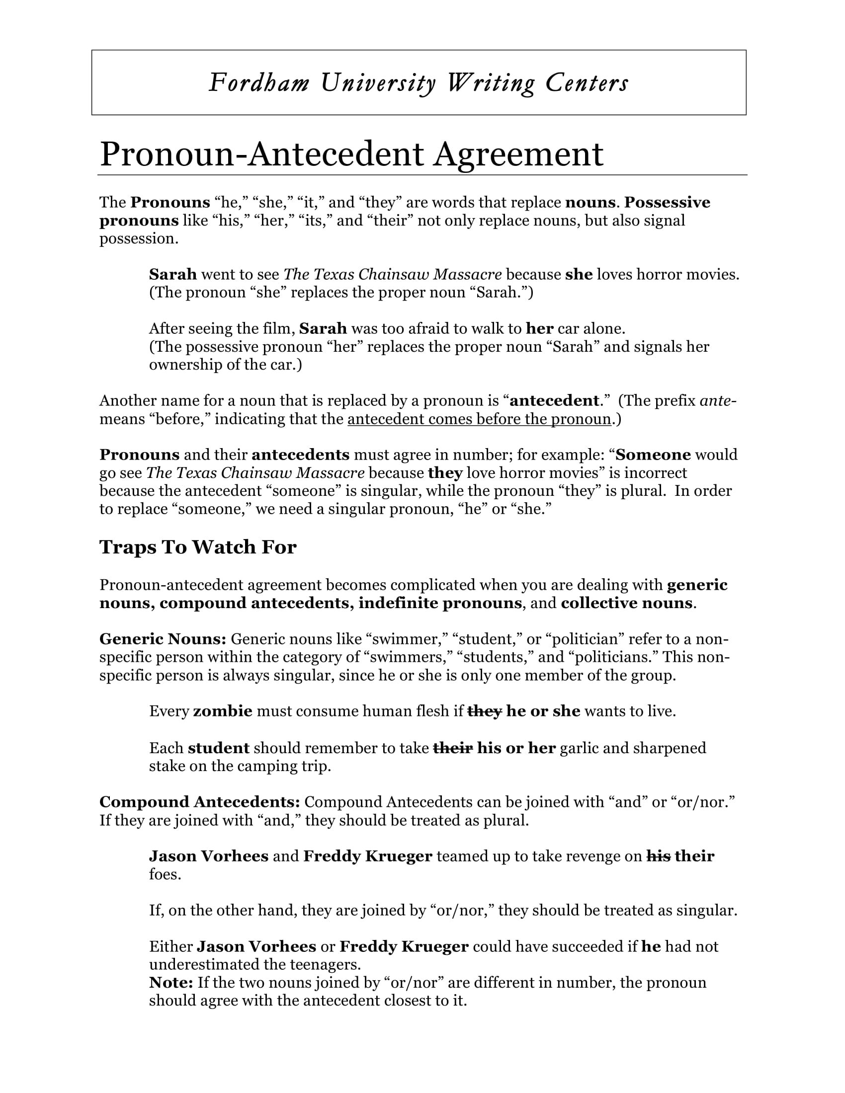 pronoun antecedent agreement reference sheet example
