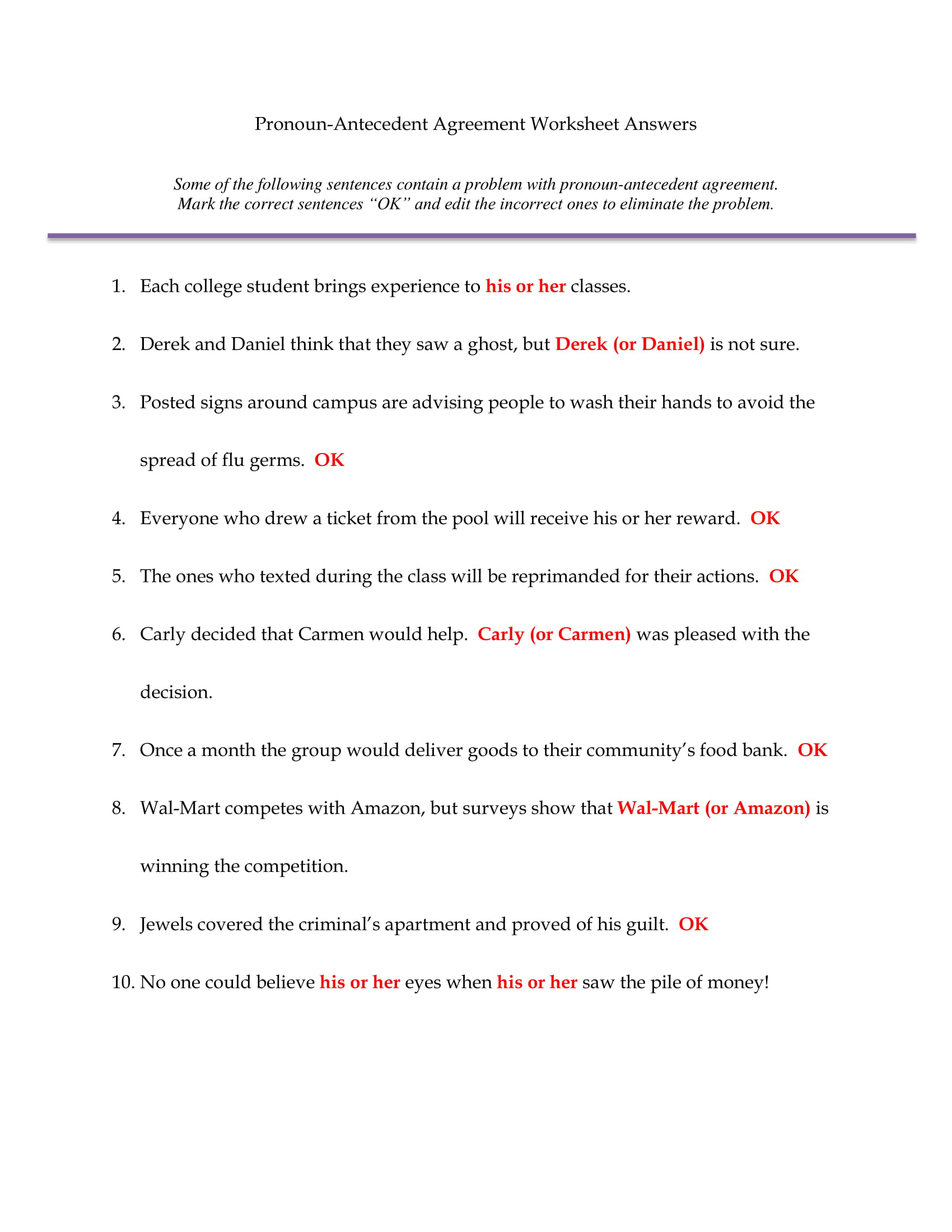 Pronoun Antecedent Quiz Answer Sheet Example