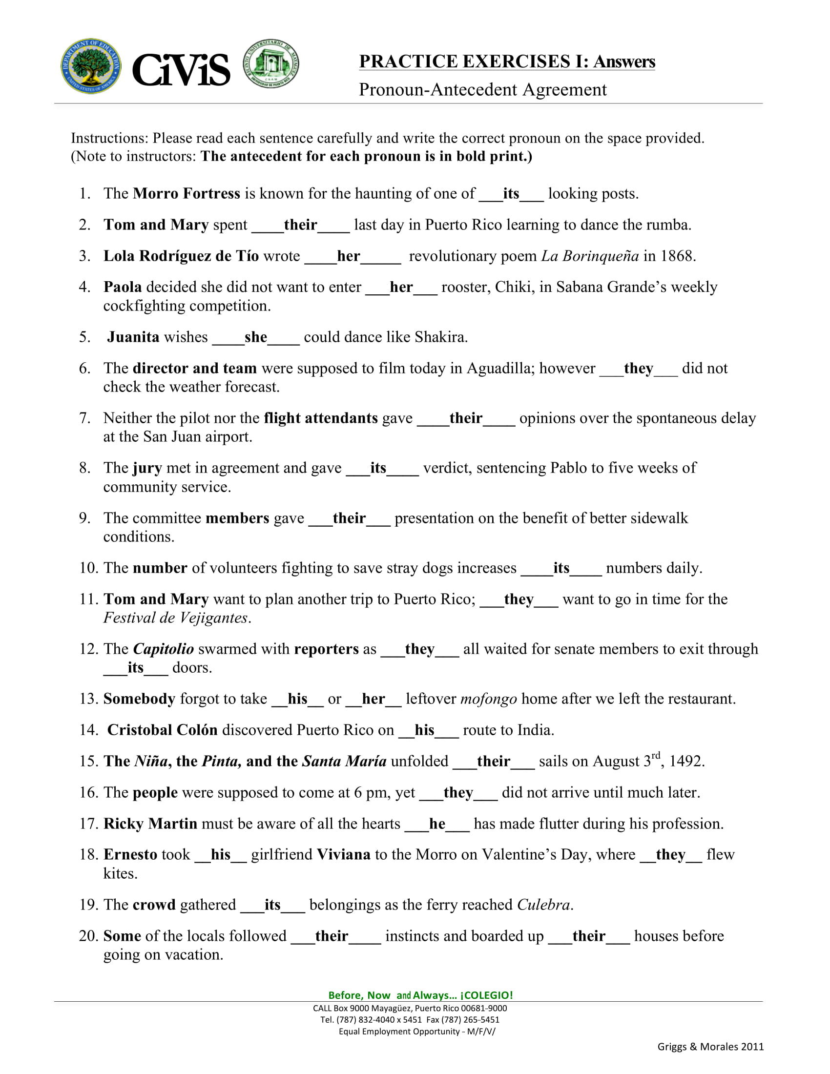 Pronoun Antecedent Agreement Worksheet With Answers Pdf Coginspire
