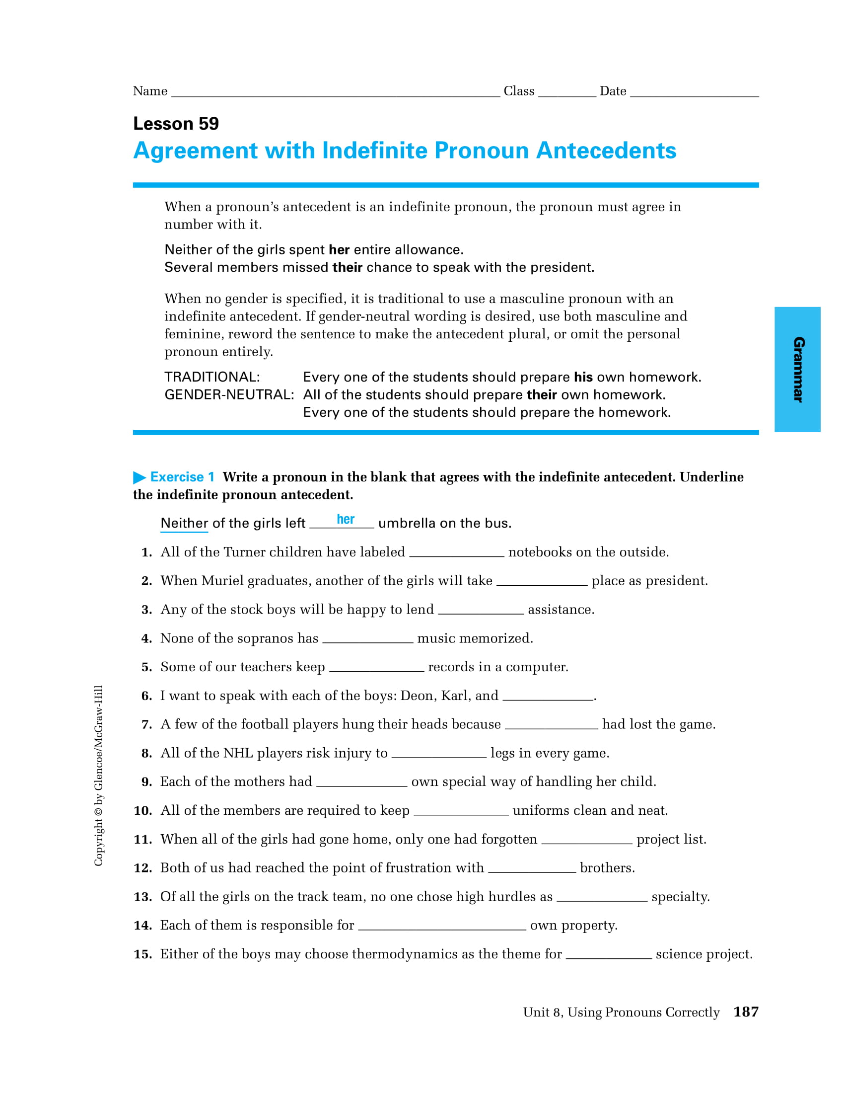 Indefinite Pronoun Agreement Worksheet