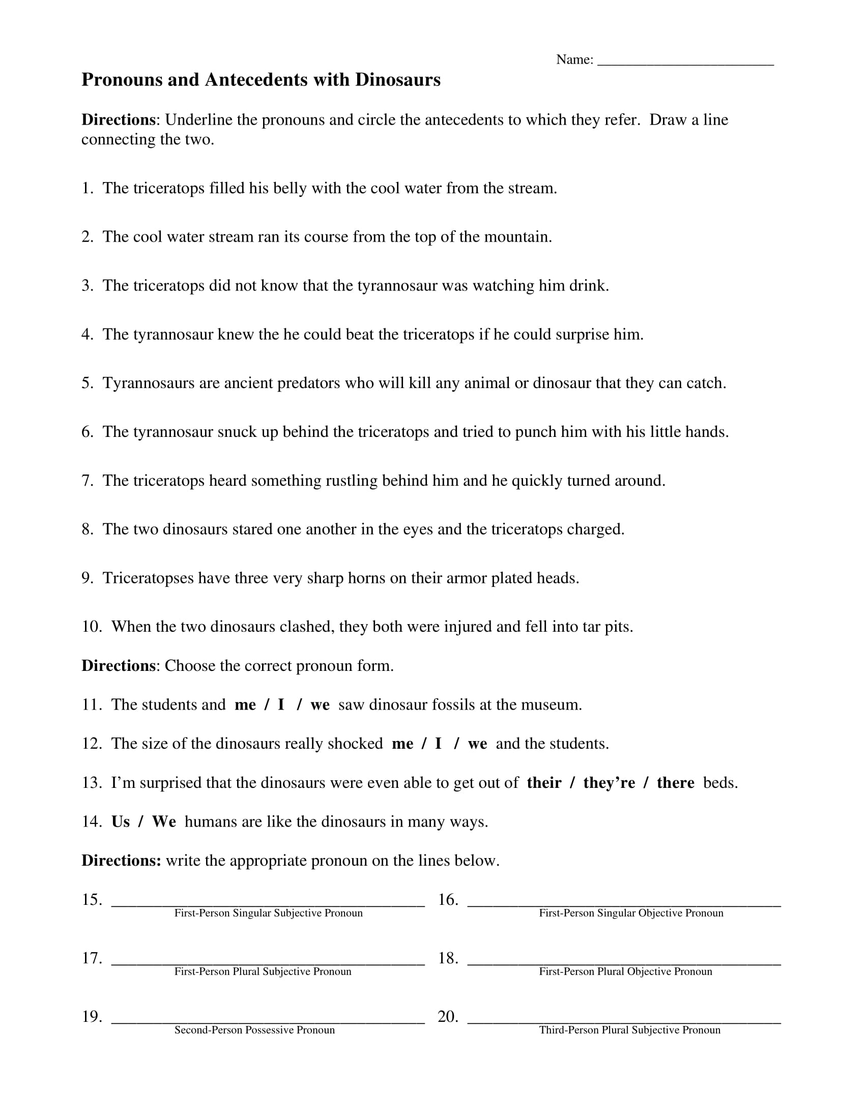 pronouns and antecedents exercise sheet example