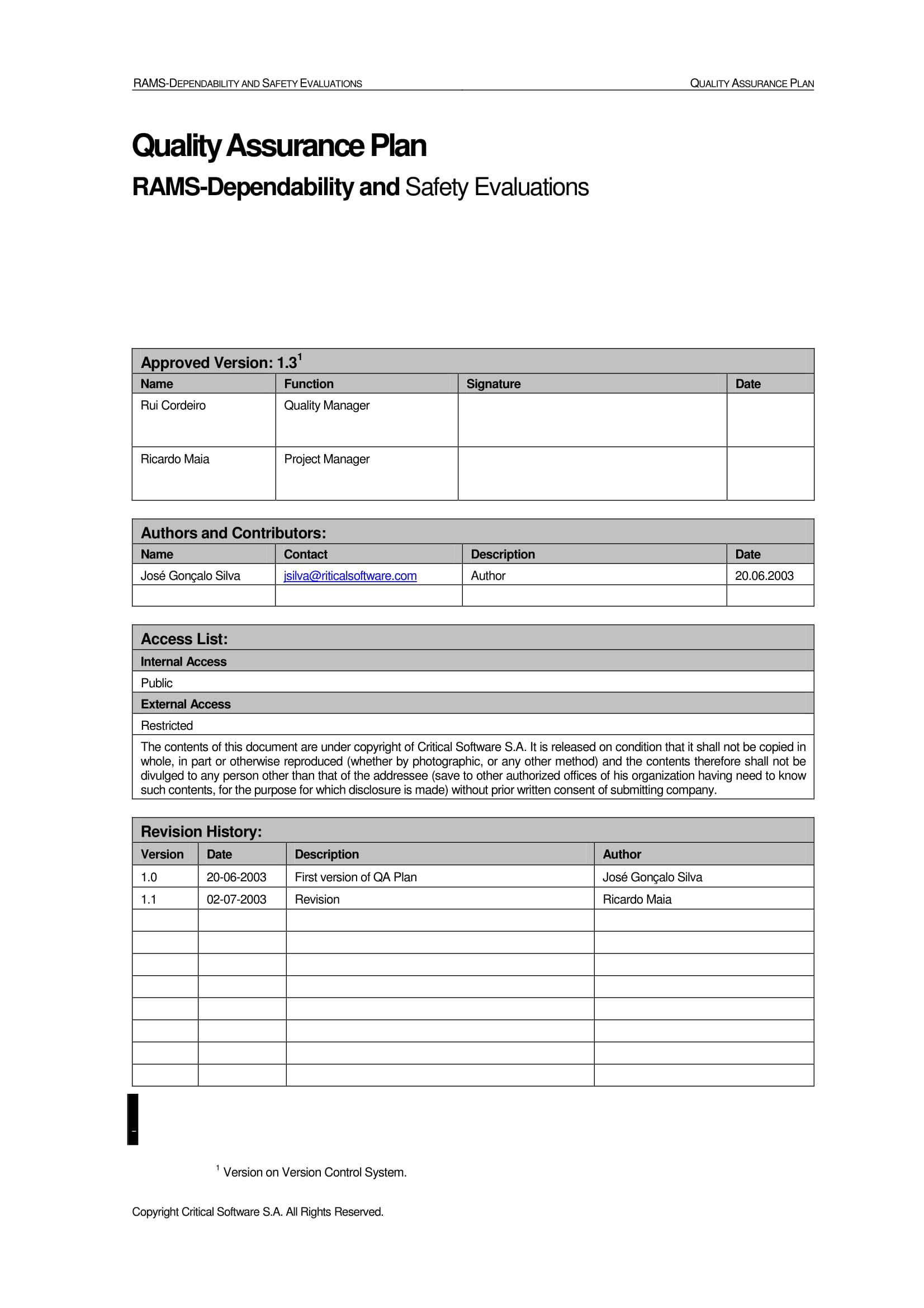 RAMS Software Quality Assurance Plan Example