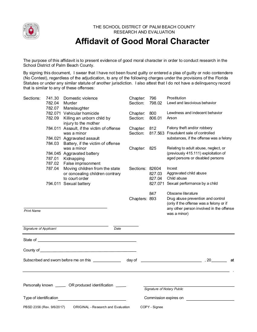 Research and Evaluation Affidavit of Good Moral Character