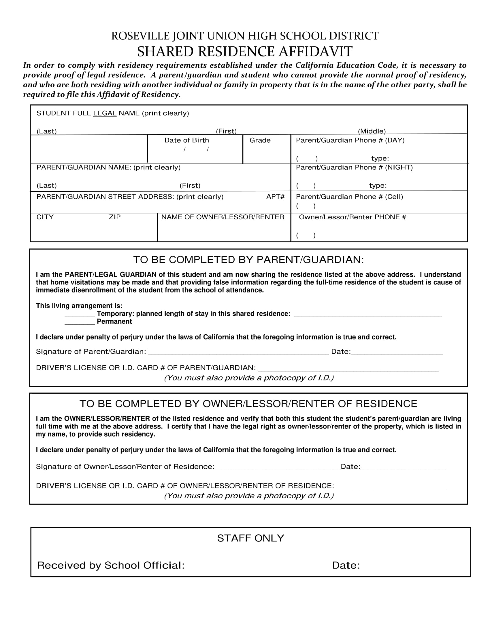 Shared Residency Affidavit