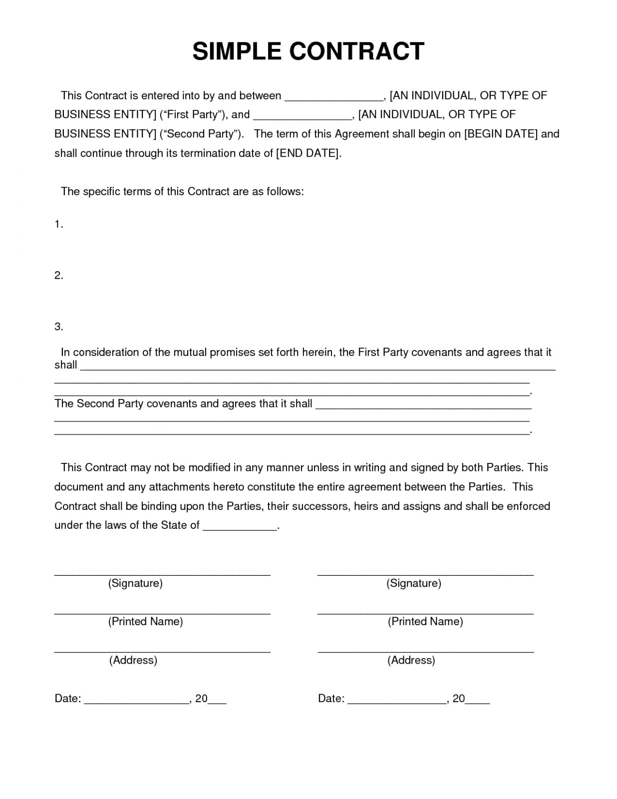 Simple Contract Agreement Letter Example