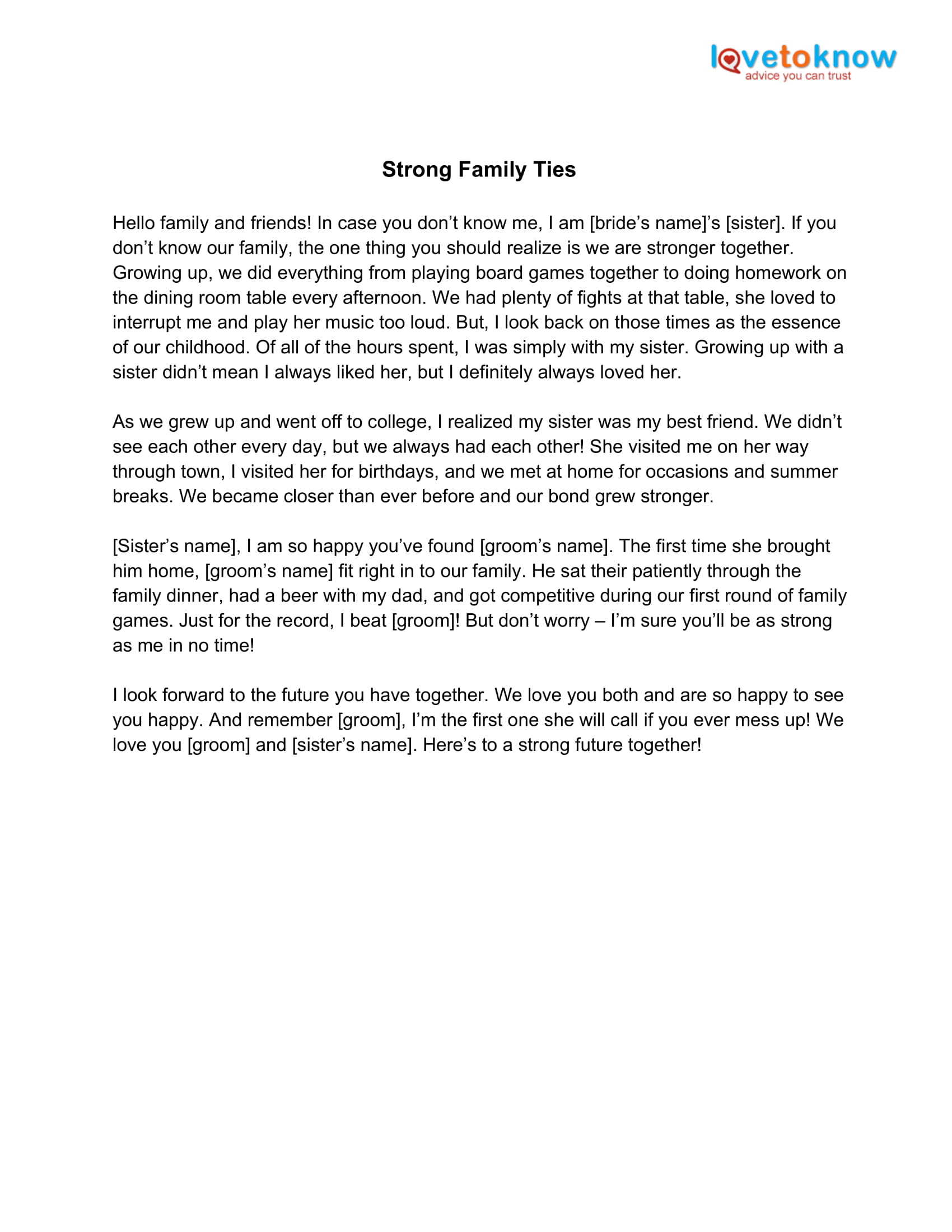 Strong Family Ties Maid of Honor Speech Example