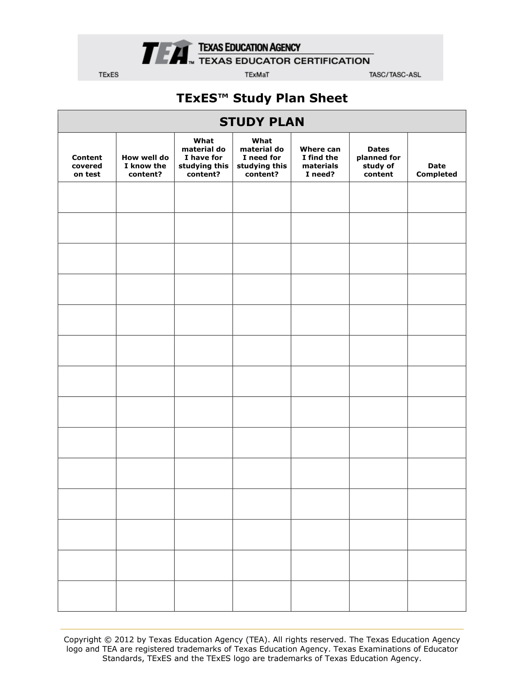 study plan sheet example