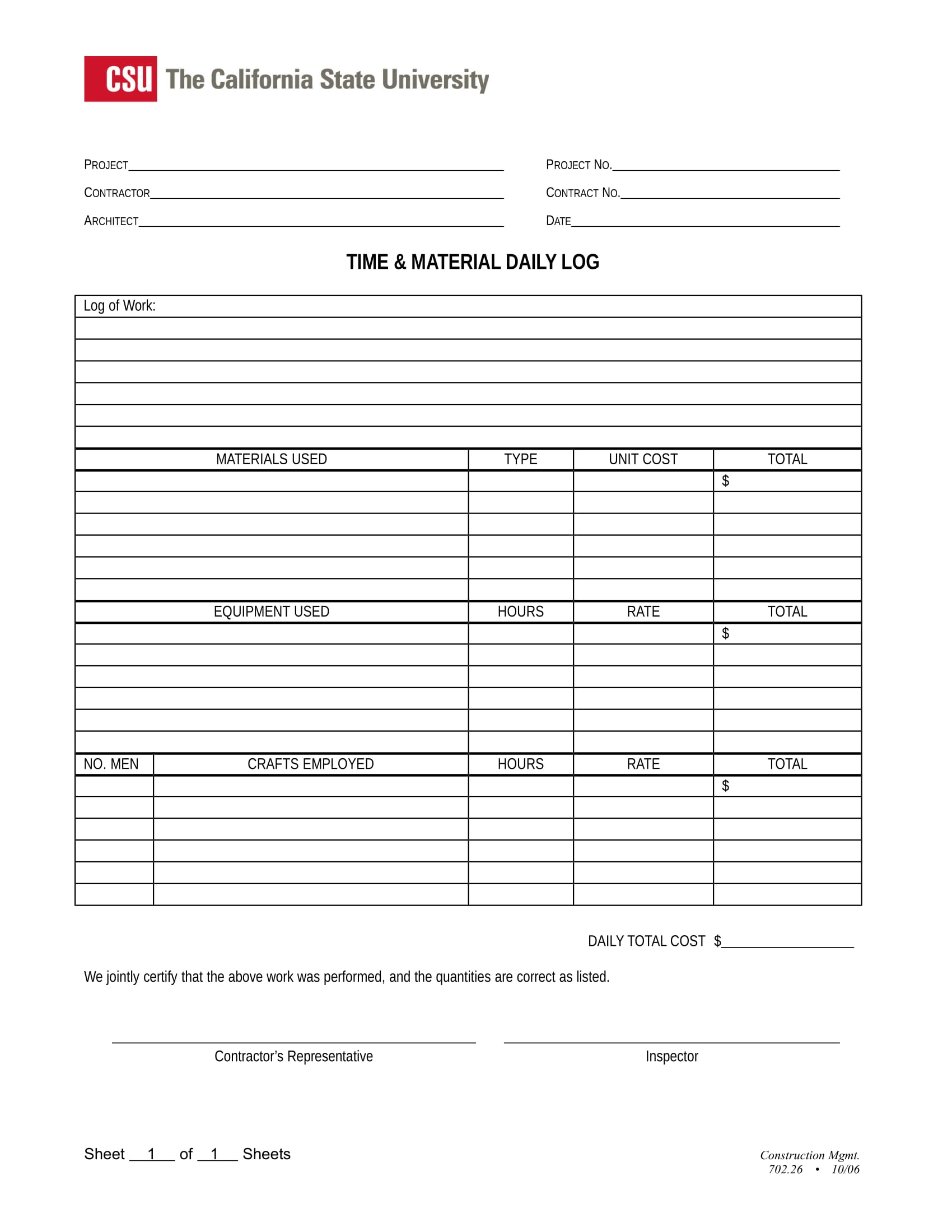 Time and Material Daily Log Example