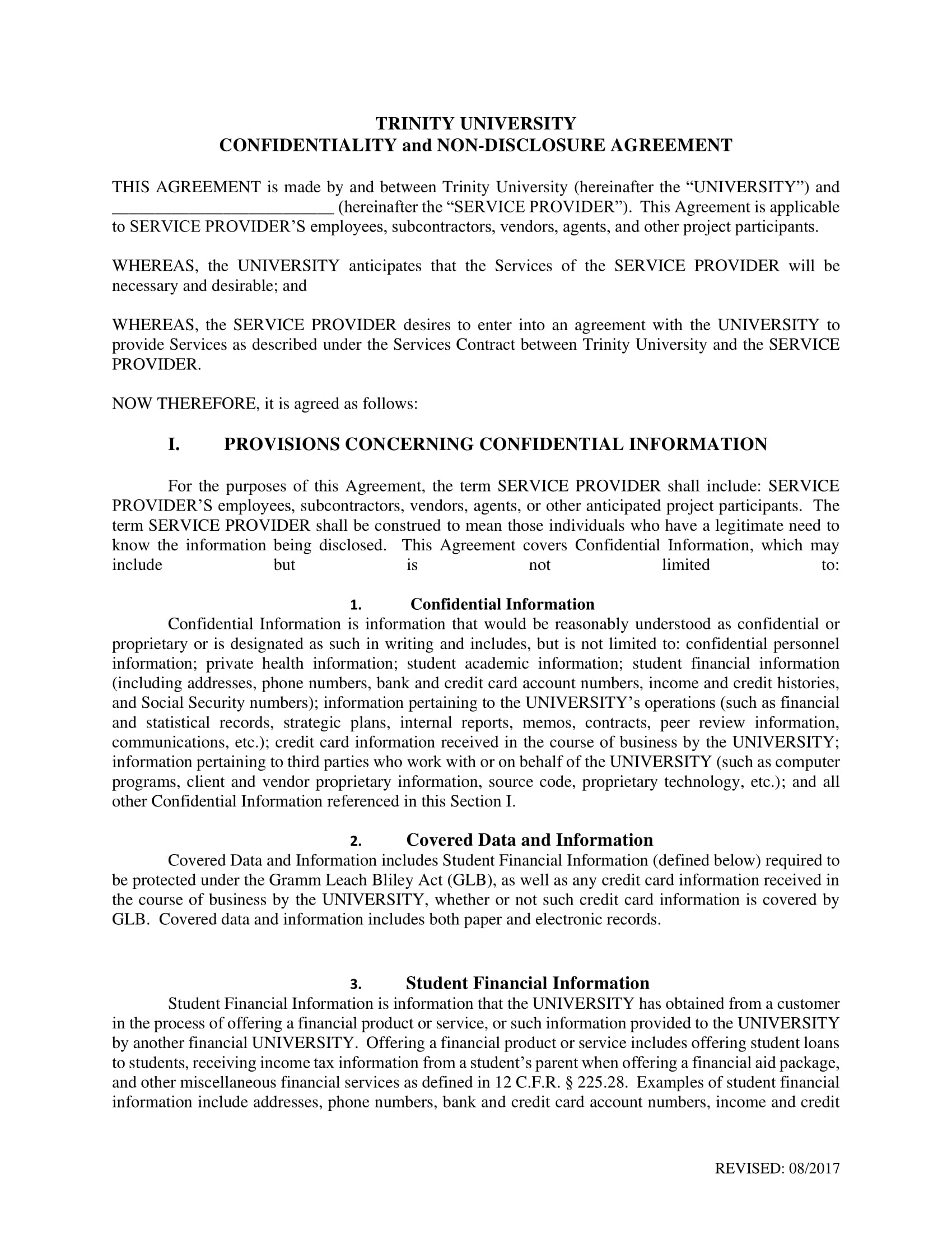 trinity university financial confidentiality agreement example