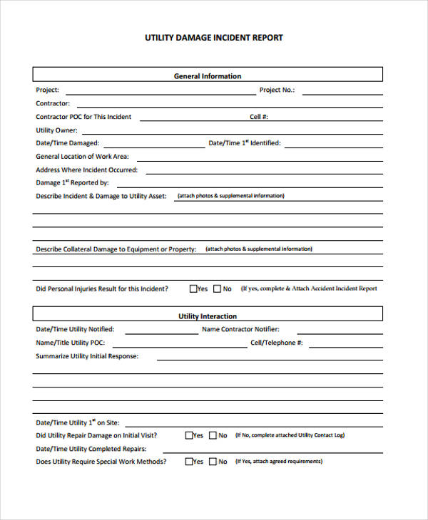 Utility Damage Incident Report Example