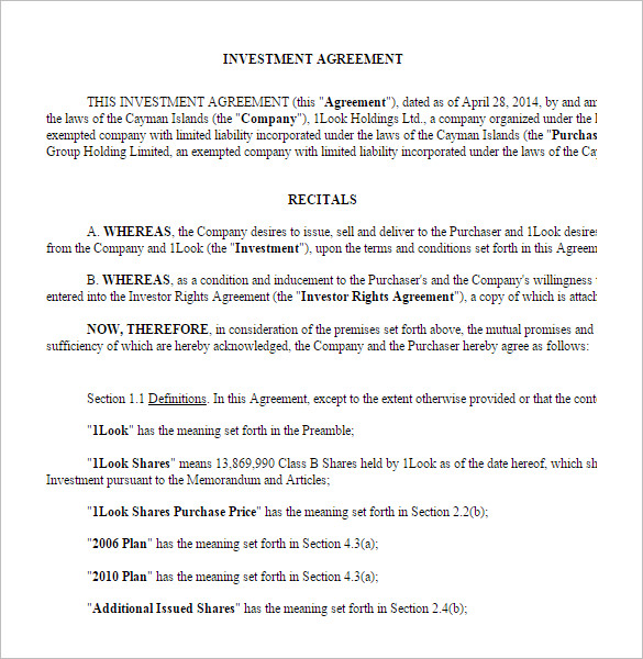 venture capital investment agreement format