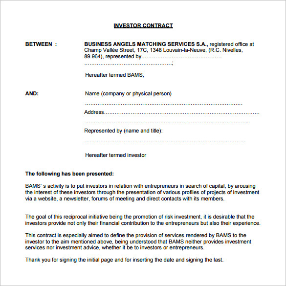 venture capital investment agreement investor contract