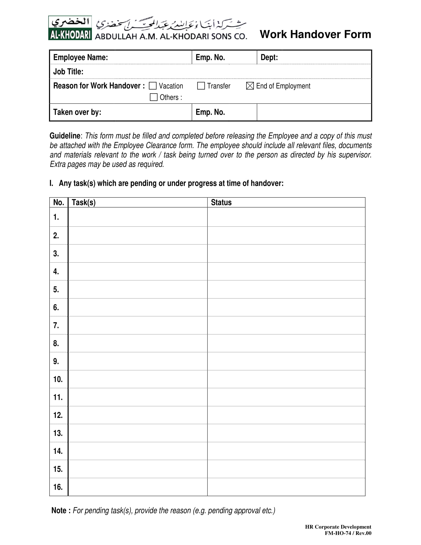 Work Handover Report Form Example 1