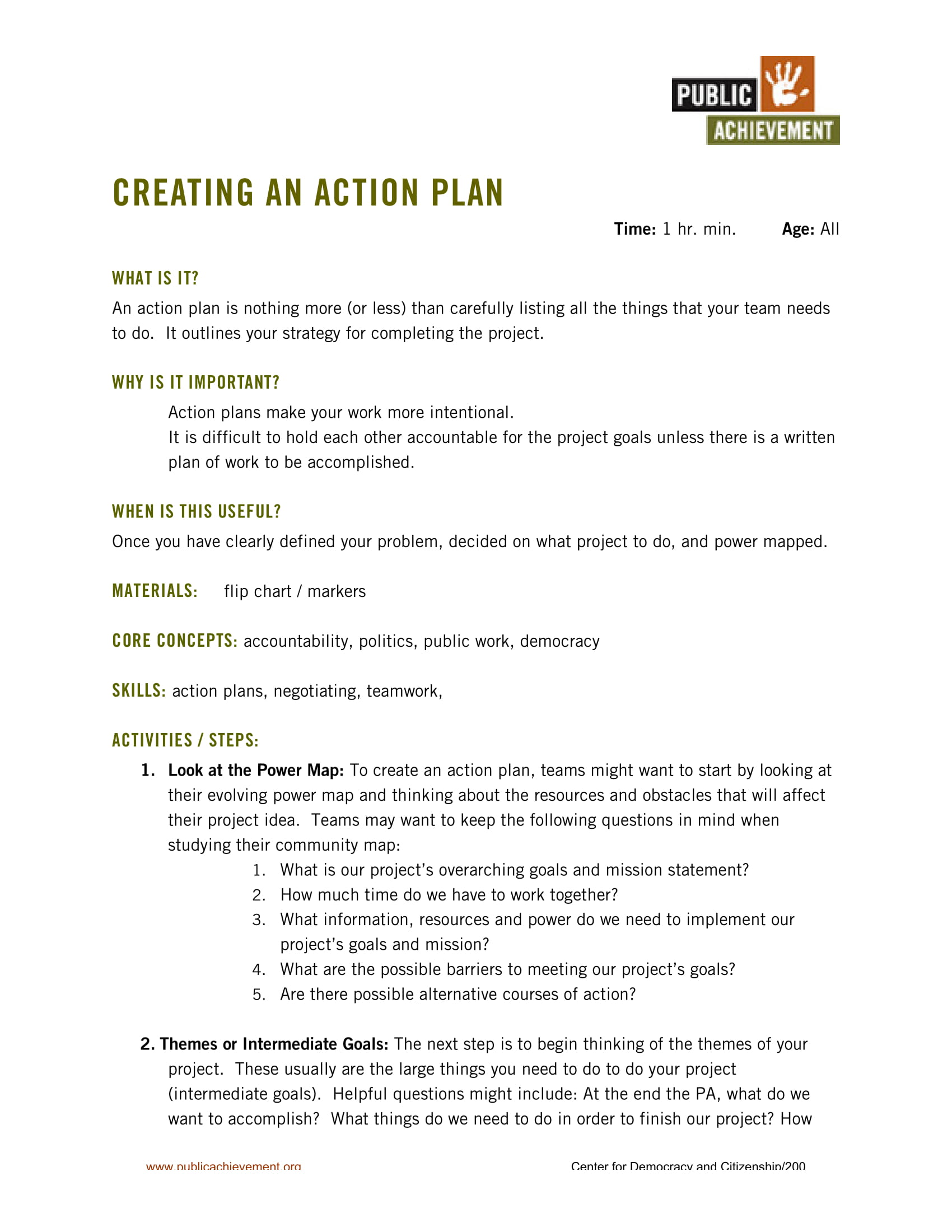 action plan for project example