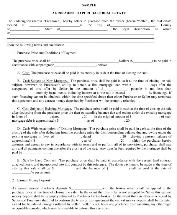 agreement contract to purchase real estate template example