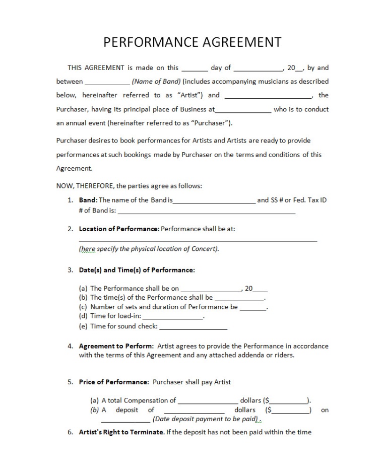 Artist Performance Contract Template 7 Examples Format Pdf Examples