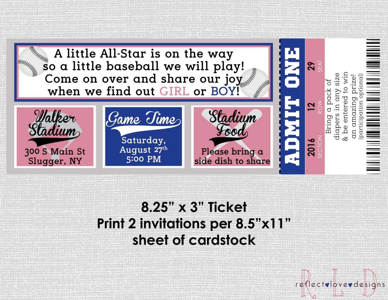 baseball gender reveal invitation ticket example
