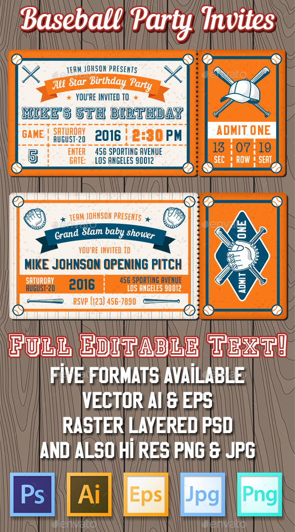 Editable Los Angeles Dodgers Birthday Ticket Party Invitations