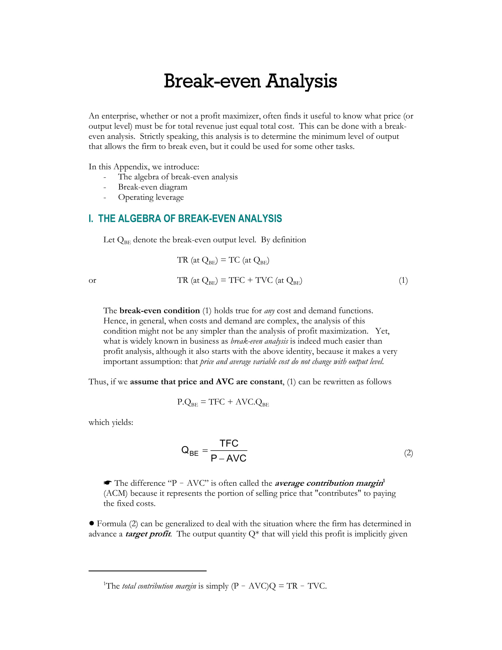 basic break even analysis example
