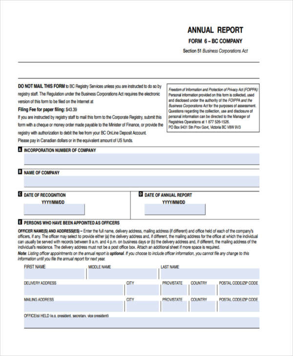 business annual report form