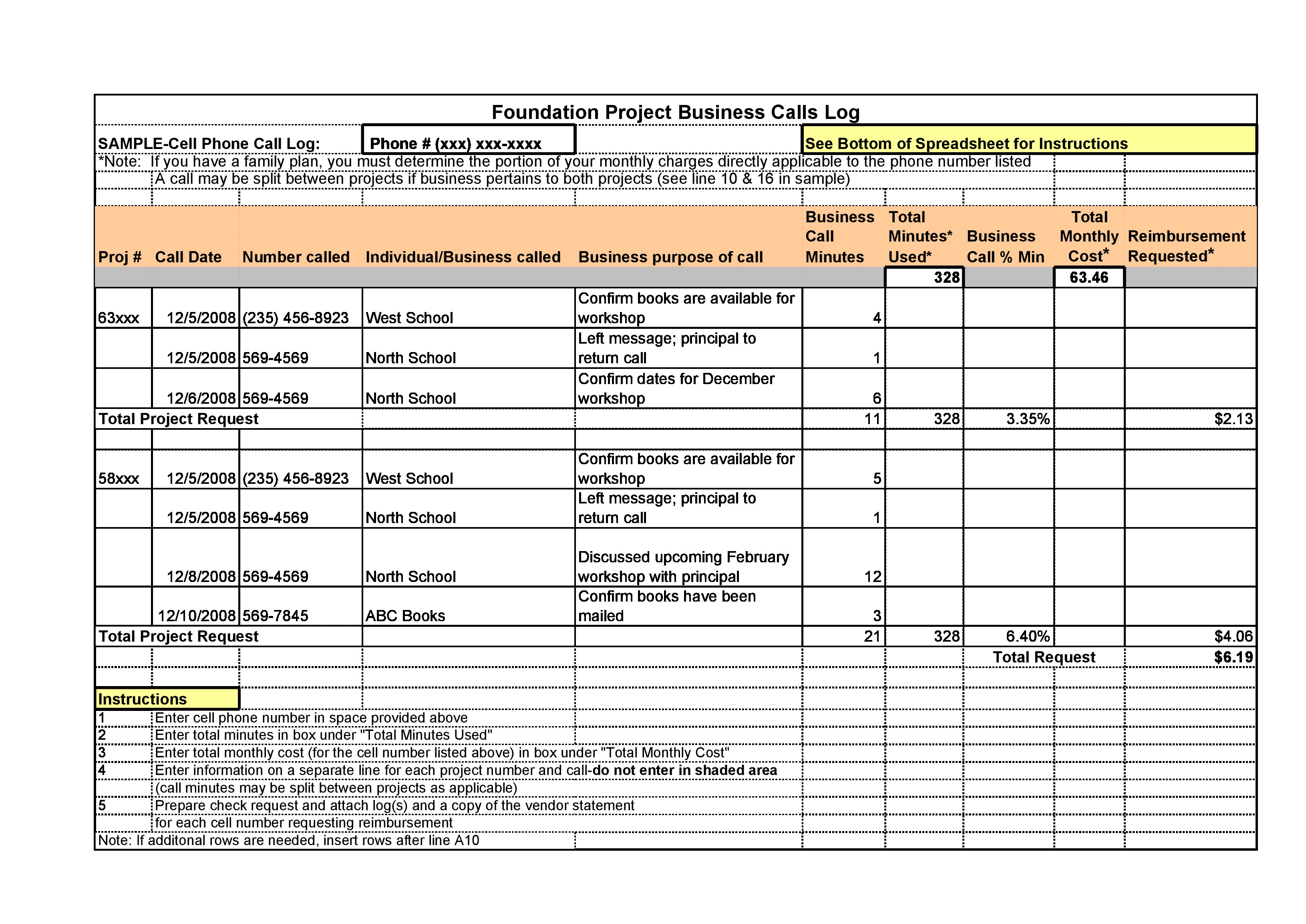 Cell Phone Call Log Example