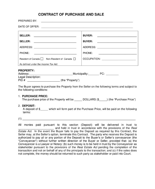 contract agreement of purchase and sale template example