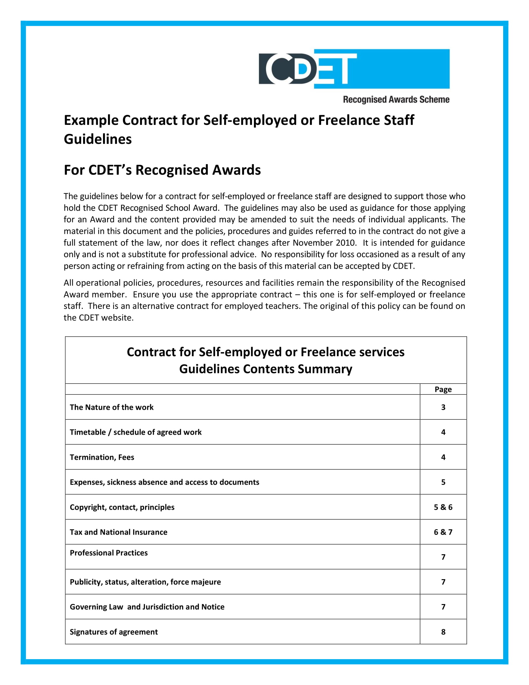 Contract For Self Employed or Freelance Staff and Developers Guidelines and Template Example 1