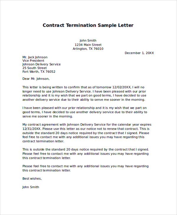 contract termination sample letter
