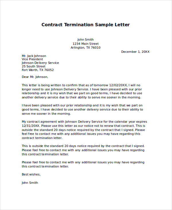 Contract Termination Sample Letter