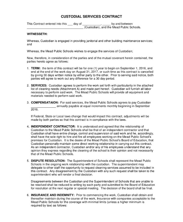 custodial and janitorial services contract template example