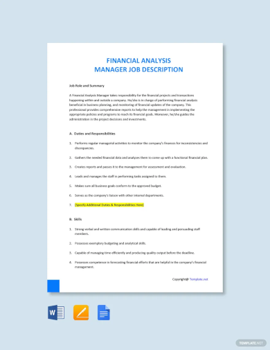 Financial Analysis Manager Job Description Template
