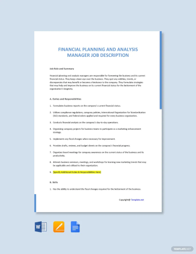 Financial Planning and Analysis Manager Job Description Template