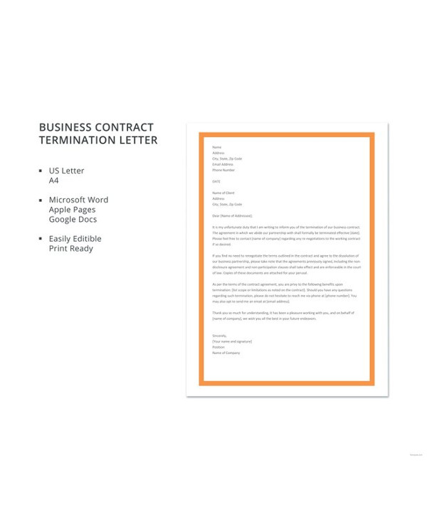 free business contract termination letter template