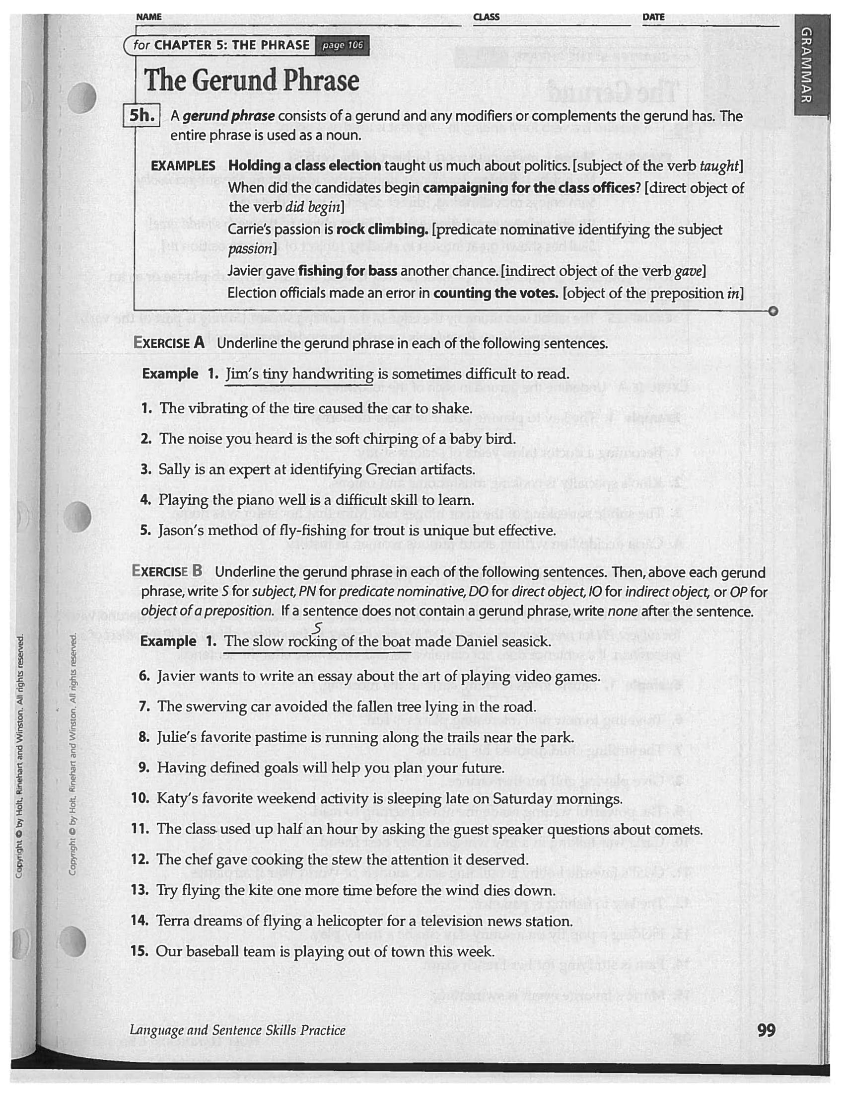 The Gerund Phrase Practice Worksheet