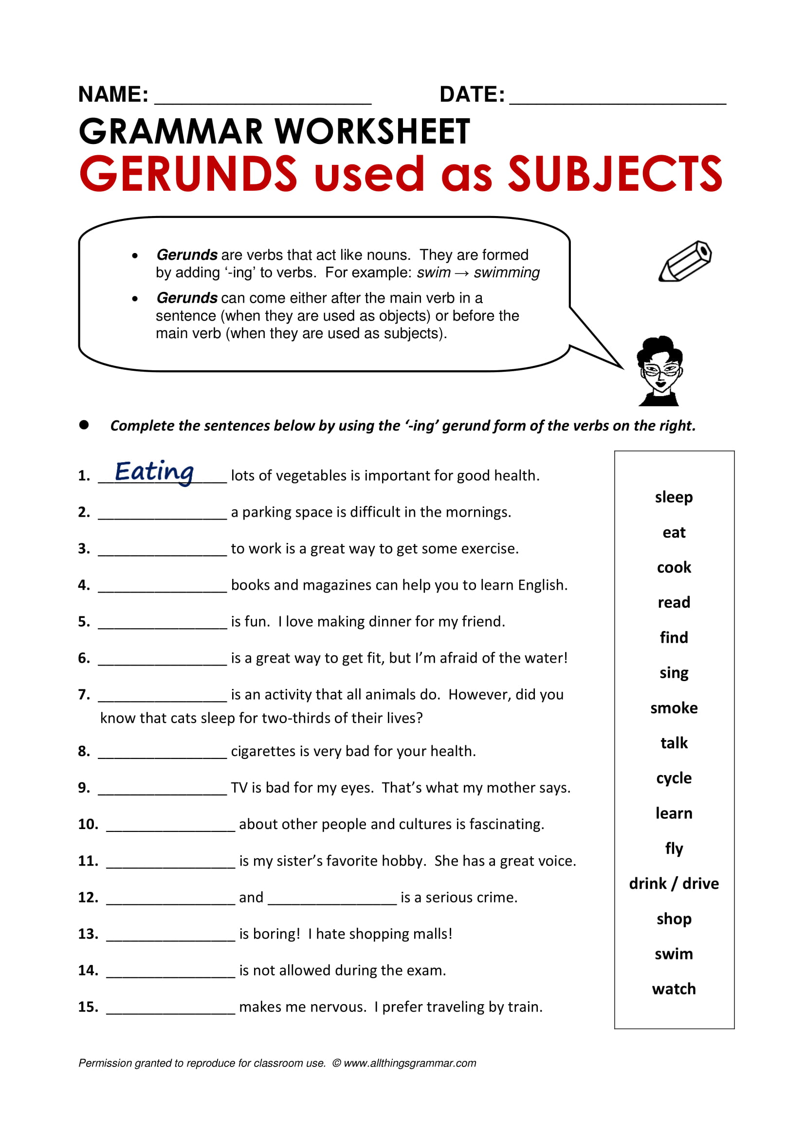 Gerund And Gerund Phrases Worksheet With Answers