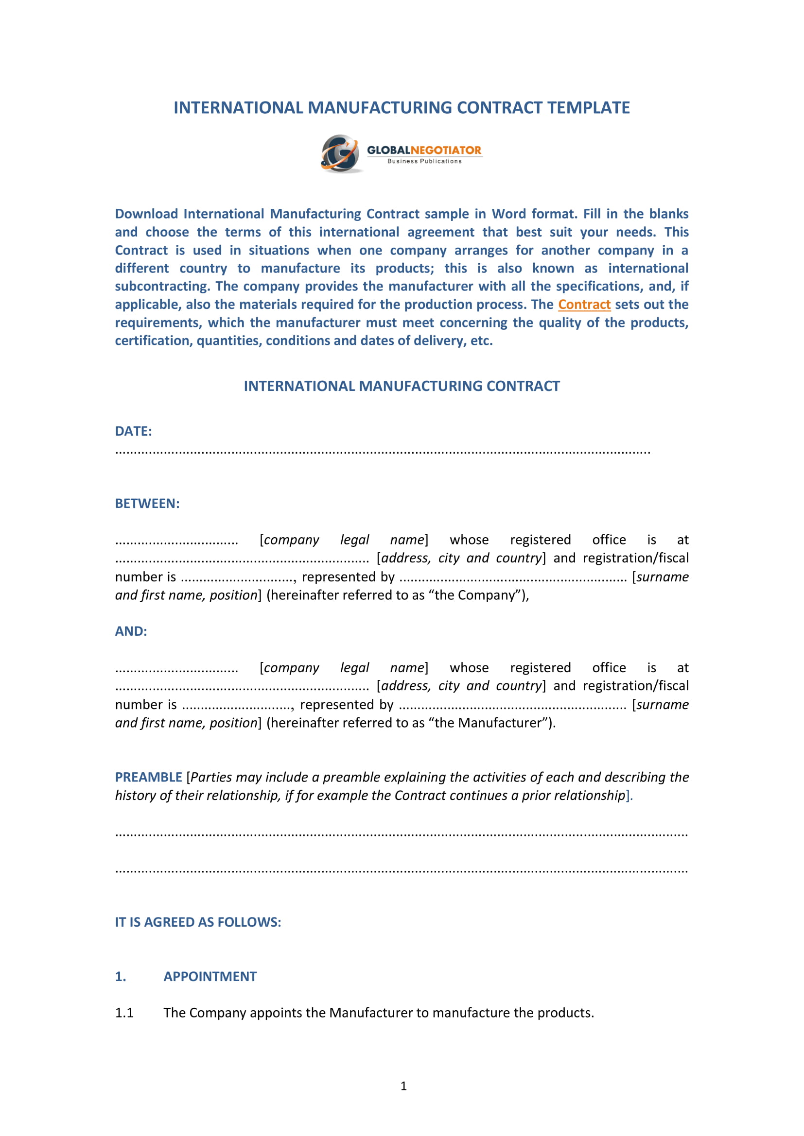 international manufacturing contract agreement template example 1