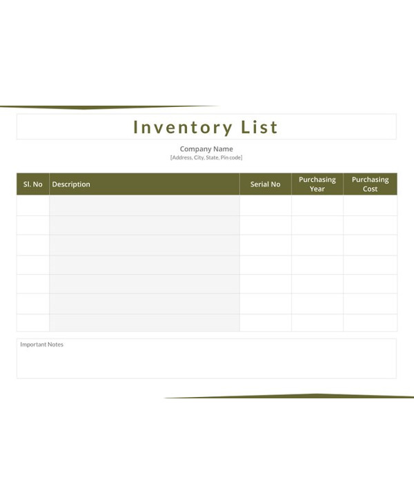 example of inventory list