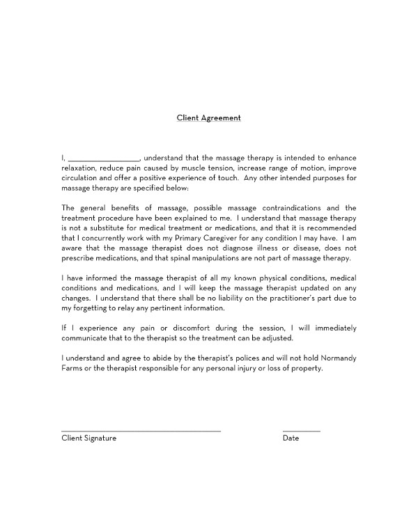 massage therapy client agreement contract format example