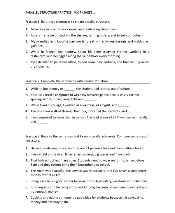 parallel structure practice worksheet example1