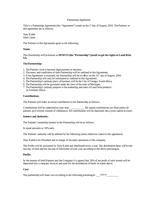 50 50 Partnership Agreement Template Doc