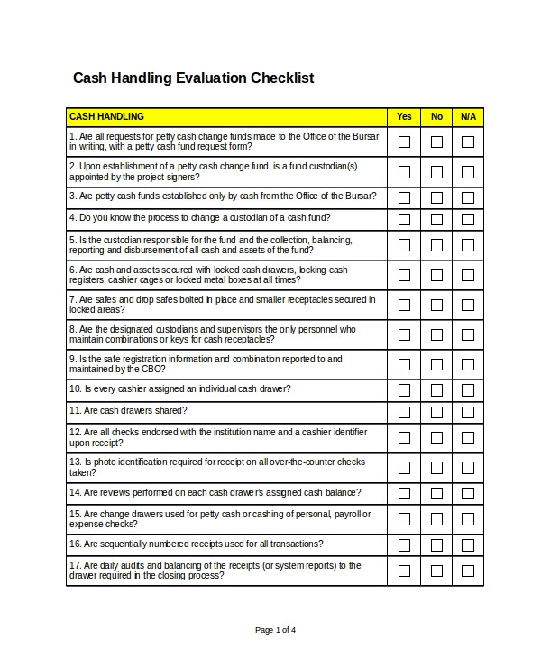 petty cash evaluation checklist example