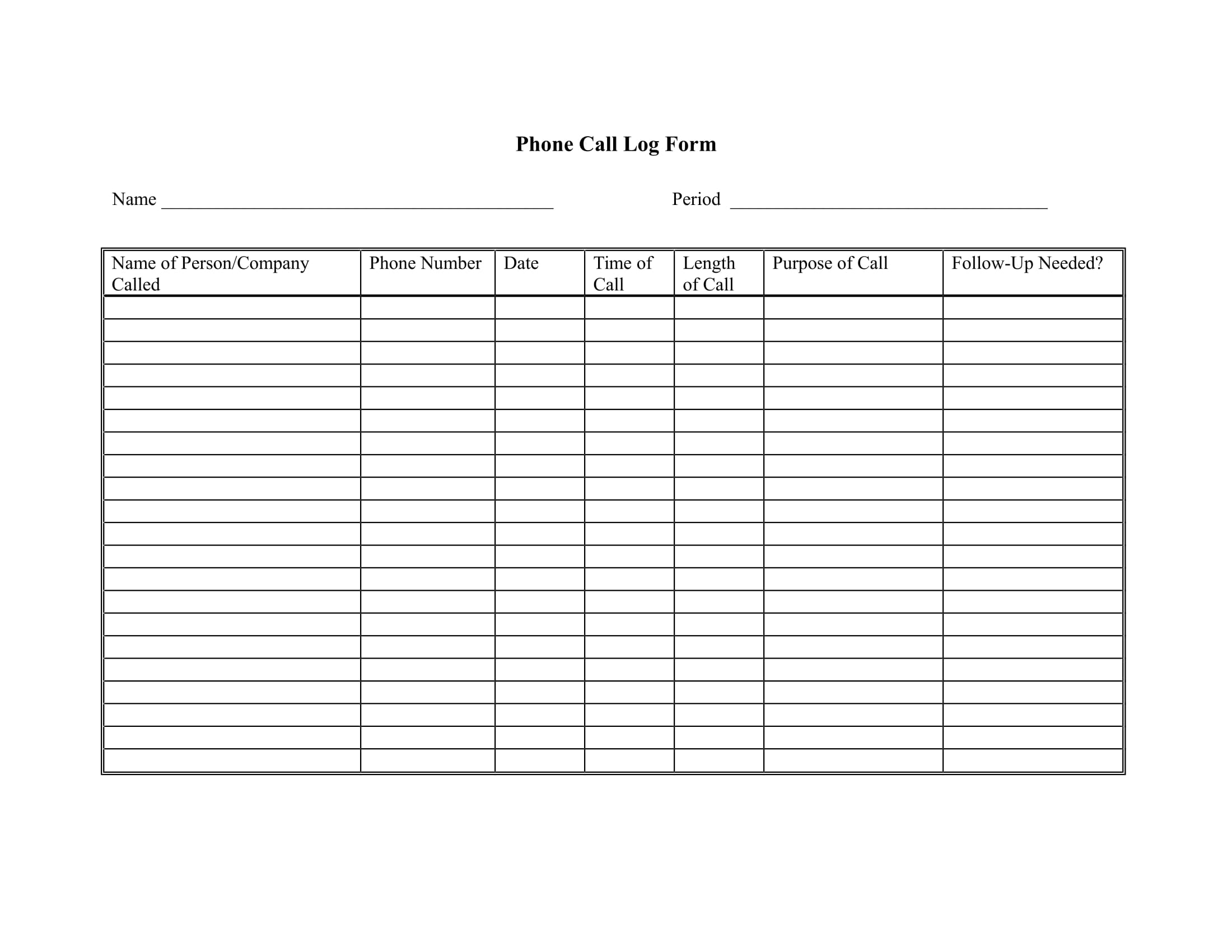 printable phone call log form example 1